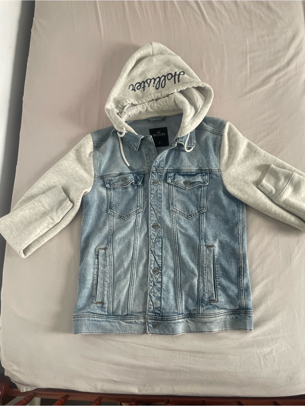 Hollister Light Blue Denim Jacket with Gray Hooded Sleeves